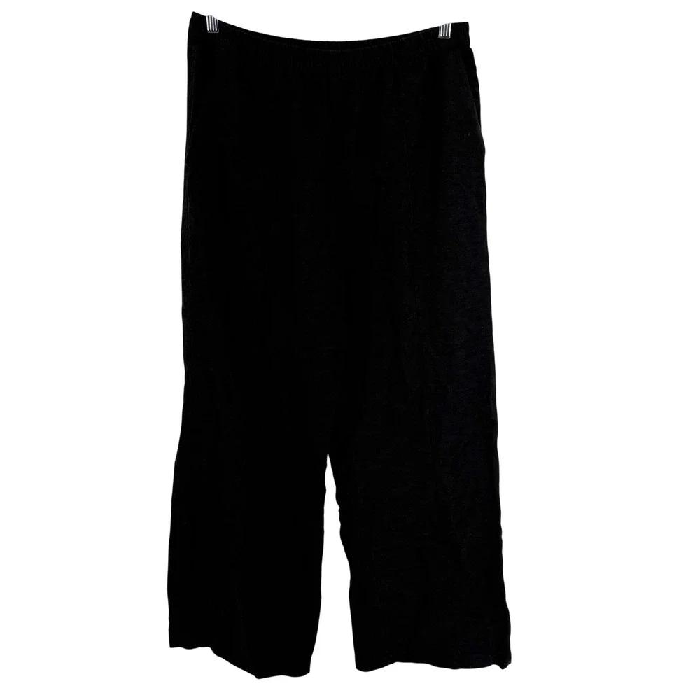 H&M Wide Leg Pants Women Size L Black Linen Blend Elastic Waist Relaxed Trousers